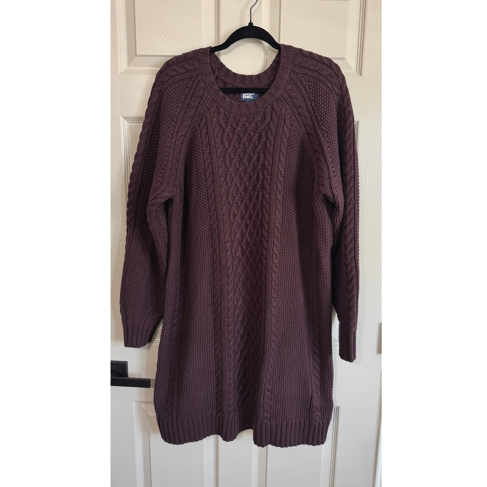 Lands End Womens XL Purple Cable Knit Cotton Blend Crew Neck Sweater Dress